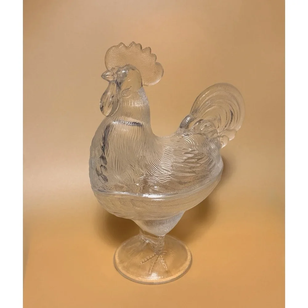 VTG LE Smith Clear Glass Standing Rooster Pedestal Covered Candy Dish Compote SG
